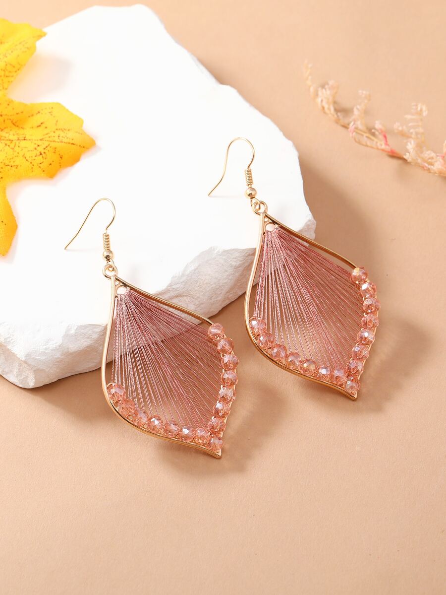 2pcs Rhinestone Decor Leaf Drop Earrings - Pink - View 1