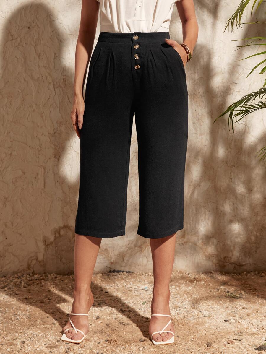 SHEIN LUNE Quần nữ Túi Nút phía trước màu trơn Giải trí - màu đen - Xem 1