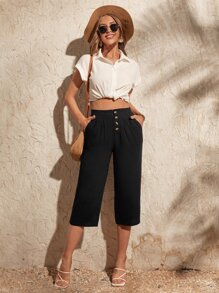 SHEIN LUNE Quần nữ Túi Nút phía trước màu trơn Giải trí - màu đen - Xem 3