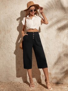 SHEIN LUNE Quần nữ Túi Nút phía trước màu trơn Giải trí - màu đen - Xem 4