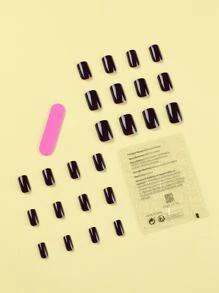 使用24入組短方形黑色素色素色假指甲和1張膠帶和1入組指甲銼打造迷人魅力 - 鏽棕色 - 查看 2