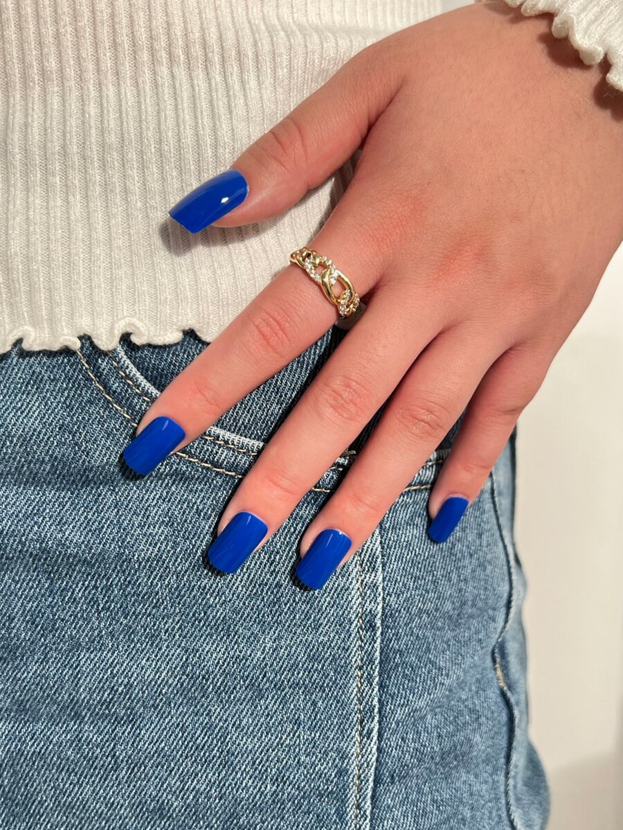 Get Glamorous with 24pcs Short Square Blue Solid Glossy Plain Fake Nail & 1sheet Tape & 1pc Nail File - Royal Blue - View 1