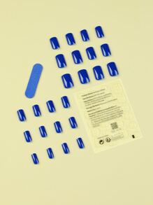 Get Glamorous with 24pcs Short Square Blue Solid Glossy Plain Fake Nail & 1sheet Tape & 1pc Nail File - Royal Blue - View 2
