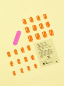 使用24入組長方橙色光澤素色假指甲和1張膠帶和1入組指甲銼女士和女孩立即升級您造型 - 橘色 - 查看 2