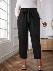 SHEIN Privé Pantalones de cintura con volante con cinturón - Negro - Ver 1