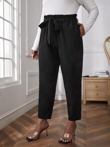 SHEIN Privé Pantalones de cintura con volante con cinturón - Negro - Ver 4