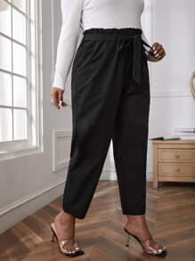 SHEIN Privé Pantalones de cintura con volante con cinturón - Negro - Ver 5