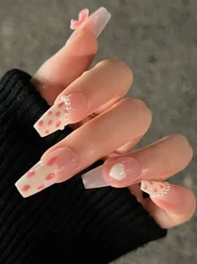 24 chiếc móng tay giả hình trái tim dài với 1 miếng băng dính và 1 giũa móng tay - Nhiều màu - Xem 1