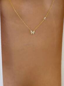 水鑽蝴蝶墜飾項鍊 - 金黃色 - 查看 1