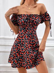 SHEIN VCAY Ditsy Floral Print Off Shoulder Knot Front Dress - Multicolor - View 7