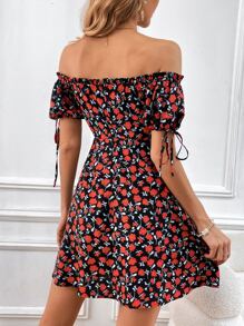 SHEIN VCAY Ditsy Floral Print Off Shoulder Knot Front Dress - Multicolor - View 2