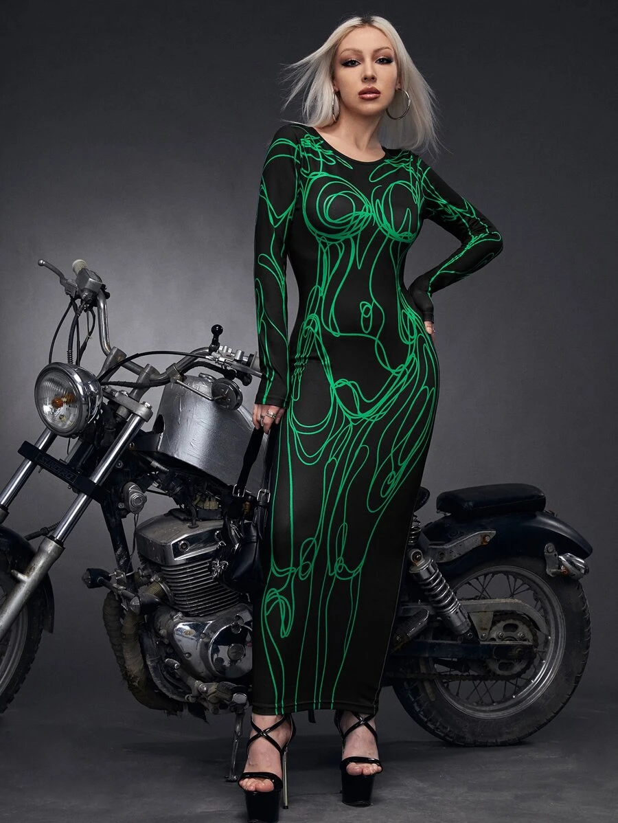 SHEIN ICON Bikercore Graphic Print Bodycon Dress - Black - View 1