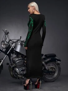 SHEIN ICON Bikercore Graphic Print Bodycon Dress - Black - View 2