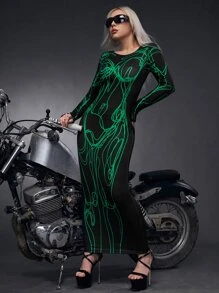 SHEIN ICON Bikercore Graphic Print Bodycon Dress - Black - View 3