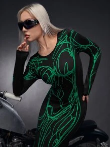 SHEIN ICON Bikercore Graphic Print Bodycon Dress - Black - View 4