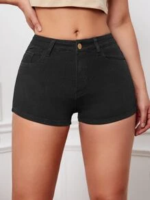 Solid Skinny Denim Shorts - Black - View 1