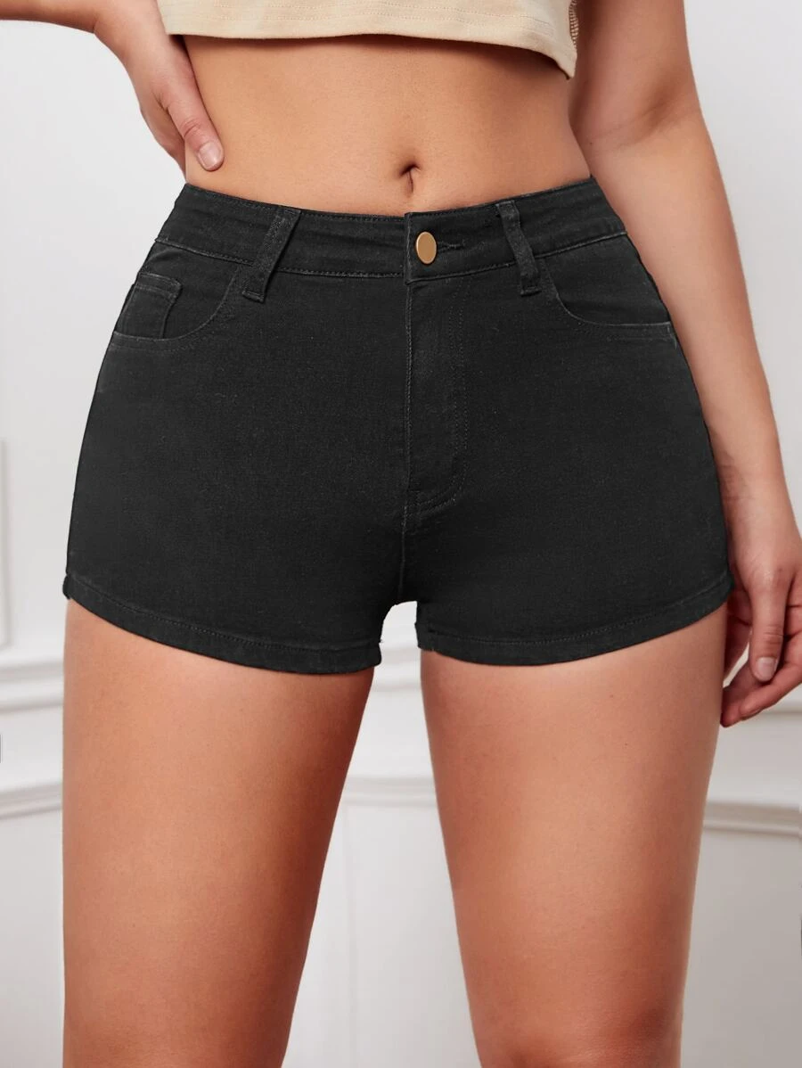 Solid Skinny Denim Shorts - Black - View 1