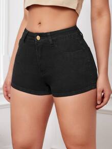 Solid Skinny Denim Shorts - Black - View 4