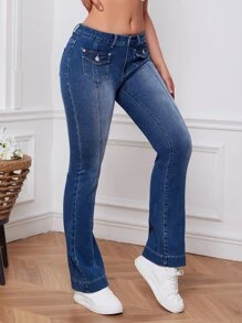 Flap Pocket Flare Leg Jeans - Dark Wash - View 1