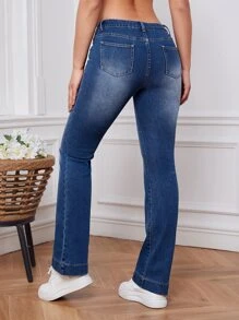 Flap Pocket Flare Leg Jeans - Dark Wash - View 2