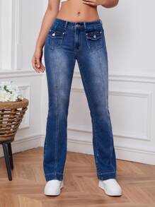 Flap Pocket Flare Leg Jeans - Dark Wash - View 5