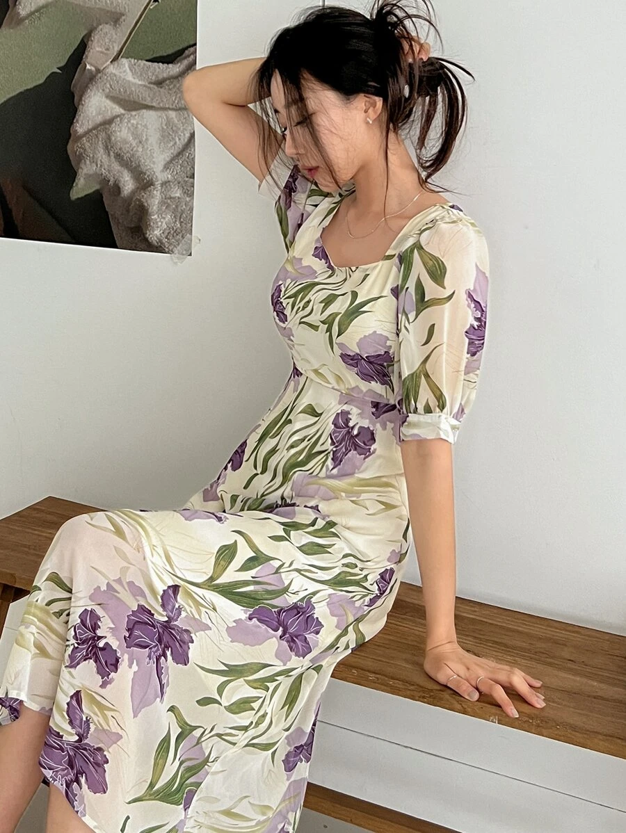 DAZY Floral Print Puff Sleeve Dress - Multicolor - View 1