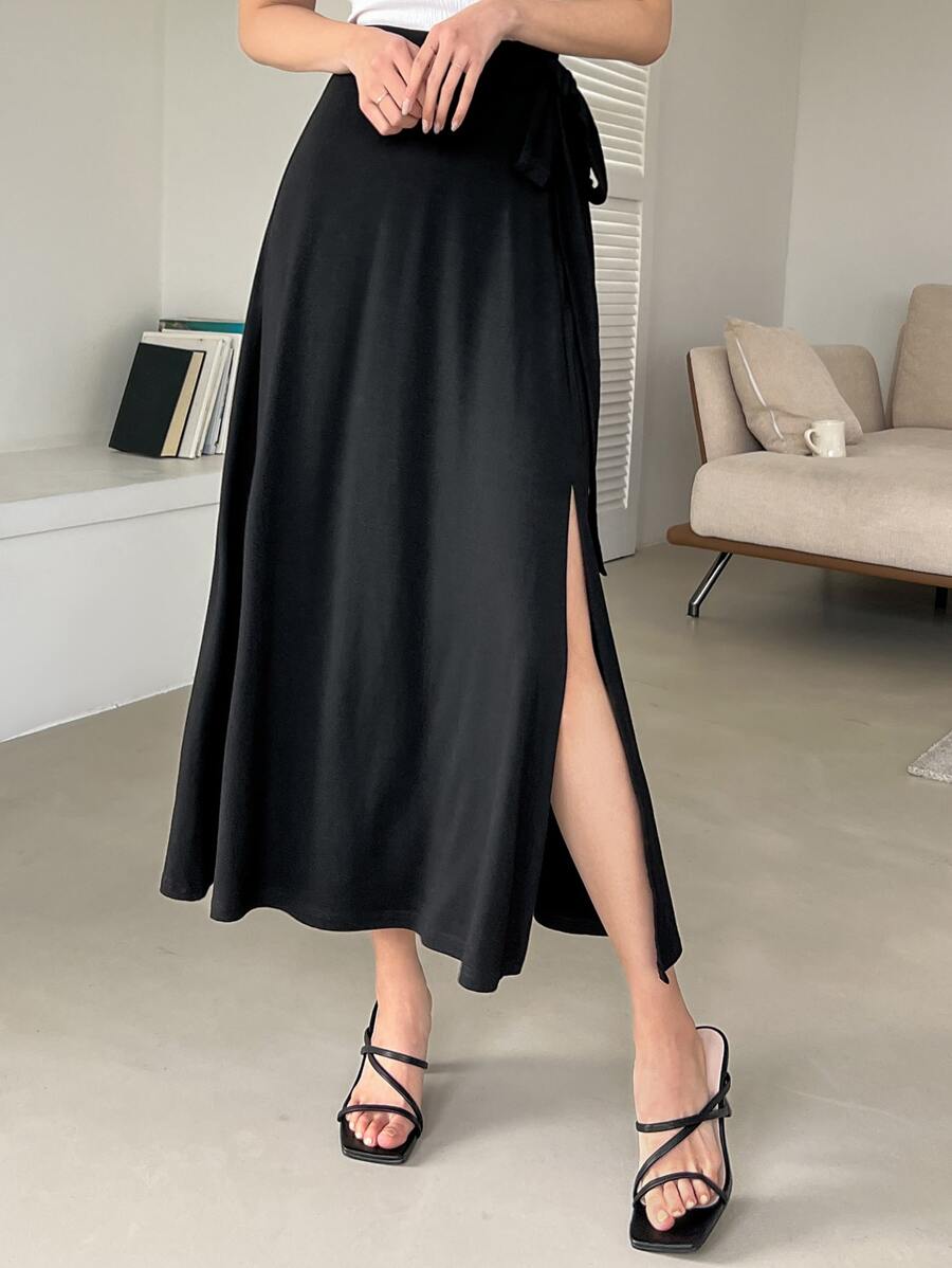 DAZY Knot Side Split Thigh Skirt - Black - View 1