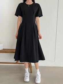 DAZY 純色折疊細節裙 - 黑色 - 查看 3