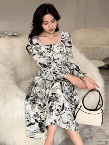 DAZY Floral Print Square Neck Dress Sundress Vacation Outfits Women - Black and White - View 3
