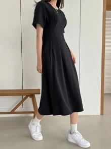 DAZY 純色折疊細節裙 - 黑色 - 查看 4