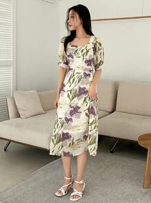 DAZY Floral Print Puff Sleeve Dress - Multicolor - View 4