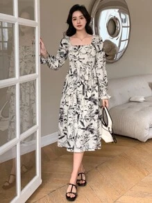 DAZY Floral Print Square Neck Dress Sundress Vacation Outfits Women - Black and White - View 1