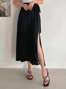 DAZY Knot Side Split Thigh Skirt - Black - View 5