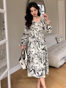 DAZY Floral Print Square Neck Dress Sundress Vacation Outfits Women - Black and White - View 7