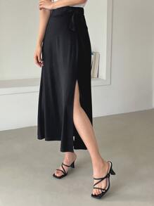 DAZY Knot Side Split Thigh Skirt - Black - View 7