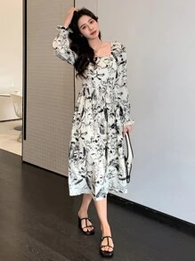 DAZY Floral Print Square Neck Dress Sundress Vacation Outfits Women - Black and White - View 6