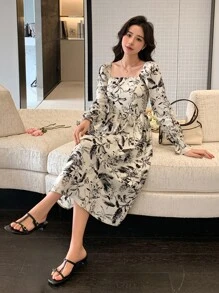 DAZY Floral Print Square Neck Dress Sundress Vacation Outfits Women - Black and White - View 5