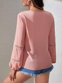 SHEIN VCAY Guipure Lace Insert Lantern Sleeve Blouse - Dusty Pink - View 2