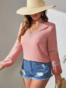 SHEIN VCAY Guipure Lace Insert Lantern Sleeve Blouse - Dusty Pink - View 3