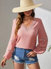 SHEIN VCAY Guipure Lace Insert Lantern Sleeve Blouse - Dusty Pink - View 5