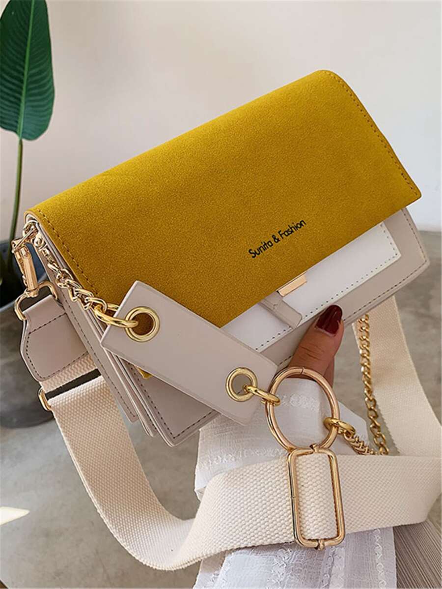 撞色鏈條裝飾字母圖案方包 - 黃色 - 查看 1