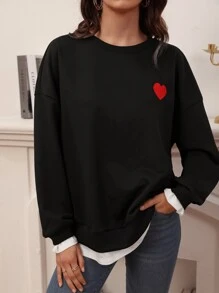 SHEIN Frenchy Heart Print 2 In 1 Drop Shoulder Sweatshirt - Black - View 1