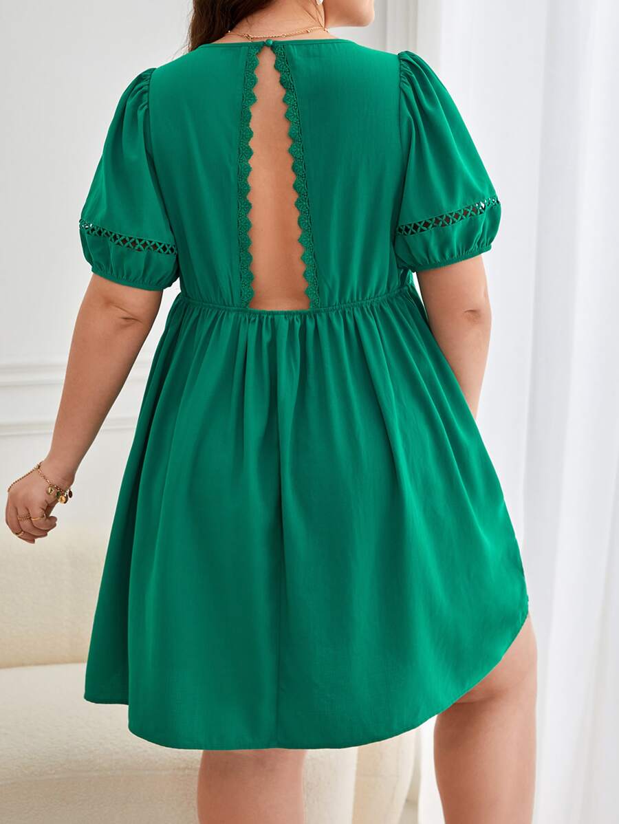 SHEIN Frenchy Plus Contrast Guipure Lace Puff Sleeve Open Back Dress - Green - View 1