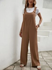 SHEIN Clasi Solid Wide Leg Overall Jumpsuit Without Tee - Camel - View 4