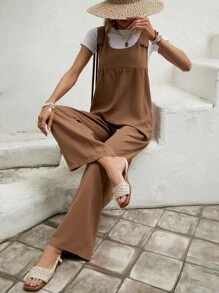 SHEIN Clasi Solid Wide Leg Overall Jumpsuit Without Tee - Camel - View 5