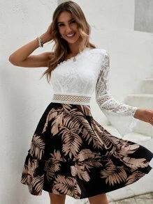 SHEIN VCAY Tropical Print Contrast Lace One Shoulder Dress - Multicolor - View 4