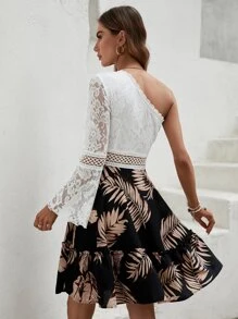 SHEIN VCAY Tropical Print Contrast Lace One Shoulder Dress - Multicolor - View 2