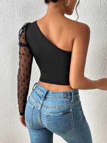 SHEIN Privé Dobby Mesh One Shoulder Gigot Sleeve Crop Top - Black - View 2
