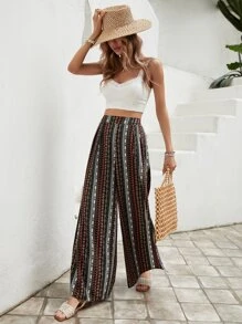 SHEIN VCAY Geo Print Split Thigh Wide Leg Trousers - Multicolor - View 3