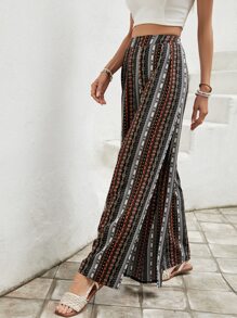 SHEIN VCAY Geo Print Split Thigh Wide Leg Trousers - Multicolor - View 5